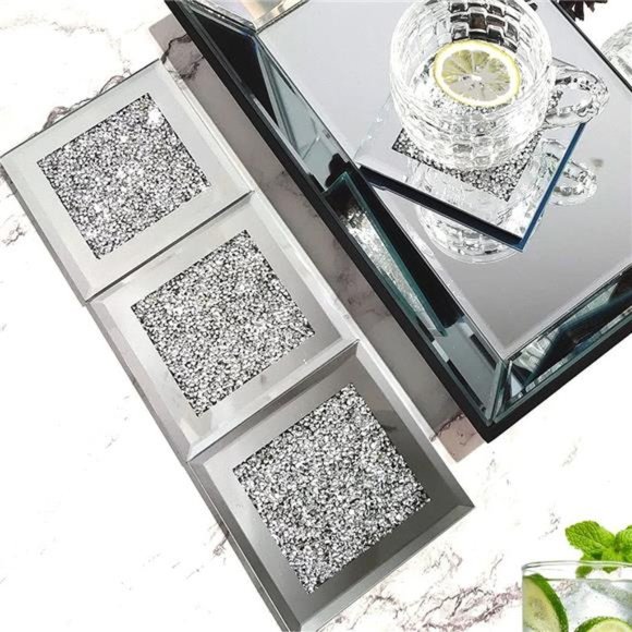 Glass Mirrored Coaster 4 PC, Crushed Diamond Square Cup Mat 4" Decor on Tabletop - Picture 6 of 6